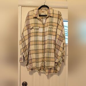 American Eagle Outfitters Plaid Button Down Shirt - Cream, Yellow, Pink, Green
